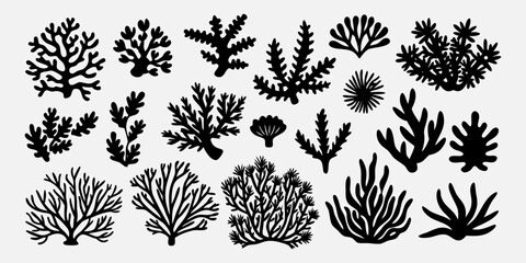 You've uploaded an image that appears to be a collection of coral silhouette illustrations. These silhouettes showcase a wide variety of coral shapes and structures, including branching corals, fan co