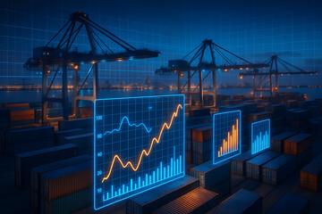 glowing lines chart financial data against a backdrop of a shipping port with containers and cranes, representing global logistics, supply chain and business analytics