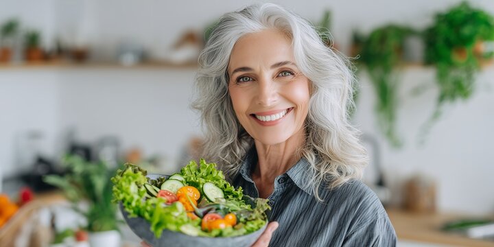 Smiling senior woman holding bowl of fresh salad in kitchen with greenery background. concept for healthy lifestyle, diet menu planning and nutritional awareness