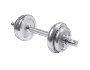 A chrome dumbbell, isolated, showing metal weights on either end of a metal bar