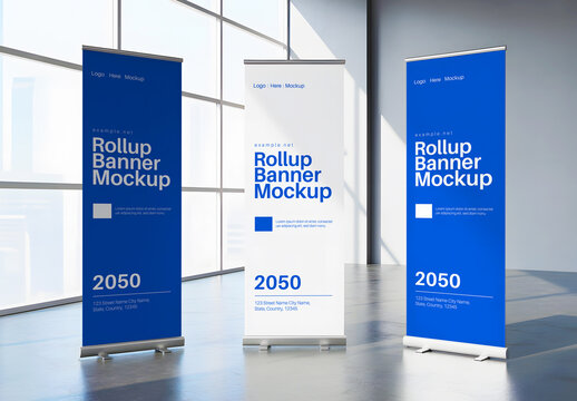 Three Roll Up Banner Mockup With Blue And White Theme