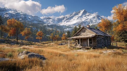 Rustic log cabin in a scenic autumn mountain landscape with snowcapped peaks and colorful trees