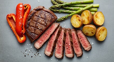 Grilled Steak Slices with Red Peppers and Potatoes on Gray Background