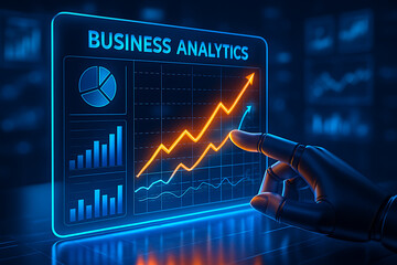 A futuristic robotic hand is pointing at a glowing business analytics chart, representing financial success and growth