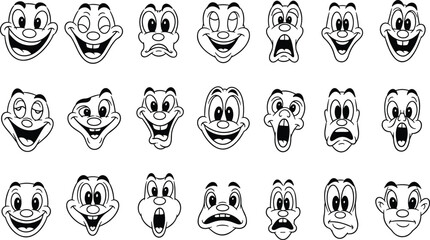 Vintage cartoon expressive faces collection, black and white comic emotions, funny retro character emotions, classic comic style illustrations
