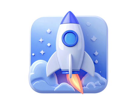 Square icon, light-blue background, depicts a cartoon rocket launching, with stylized clouds and stars