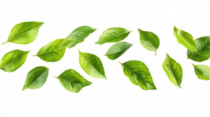 Fototapeta premium A vibrant collection of fresh, green leaves scattered against a stark white backdrop, creating a lively and natural design element
