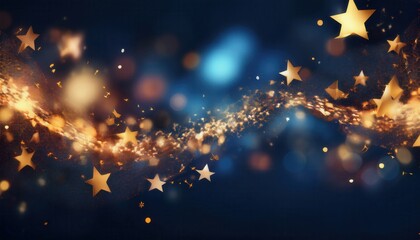 golden star trail sparkling across deep blue night sky with glowing bokeh lights dreamy festive background for banner or wallpaper