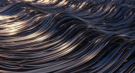 Metallic strands form rhythmic waves, reflecting light in a mesmerizing, abstract pattern