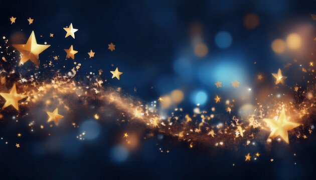 golden star trail sparkling across deep blue night sky with glowing bokeh lights dreamy festive background for banner or wallpaper - Powered by Adobe