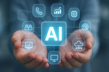 An ai system with a modern digital interface is held in a person's hands, representing technology and data