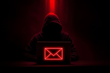 Silhouette of a hooded figure using a laptop with a red envelope icon displayed on the screen in the dark, concept for phishing scam, cybercrime threat and online privacy violation