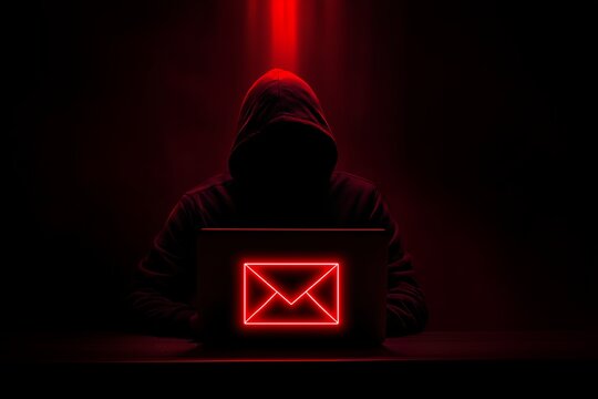 Silhouette of a hooded figure using a laptop with a red envelope icon displayed on the screen in the dark, concept for phishing scam, cybercrime threat and online privacy violation