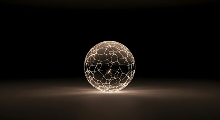 Spherical glowing web over a sphere in a dark room, light emanating from below