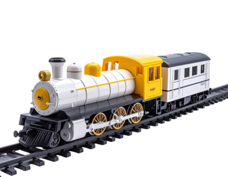 Toy steam train set on tracks, white, yellow, black
