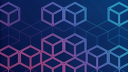 Networks in Gradient – Abstract Cubes in Pink to Blue, Digital Geometry, Blockchain Concept, Futuristic, Tech Design, Depth