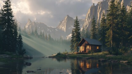 Fototapeta premium A rustic log cabin illuminated by warm light, situated by a tranquil lake with dramatic sunbeams breaking through clouds over mountains