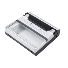 Flat, rectangular, white and gray electronic device