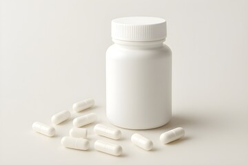 white pill bottle with scattered capsules on clean background