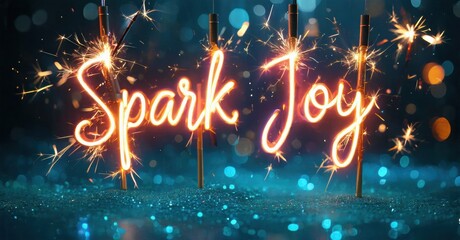 Bright spark joy text glows amid festive sparkle sticks. Background features blurred blue bokeh lights, creating celebratory mood.