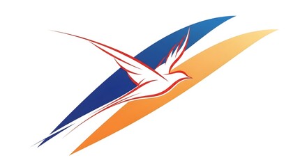 Stylized illustration of a white bird in flight, overlaying blue and orange curved shapes on a white background.