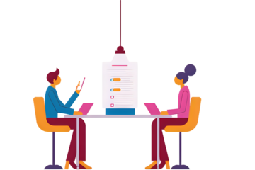 Flat vector illustration of two business people working on laptops with checklist document under lamp, teamwork concept, man with a laptop