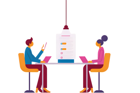 Flat vector illustration of two business people working on laptops with checklist document under lamp, teamwork concept, man with a laptop