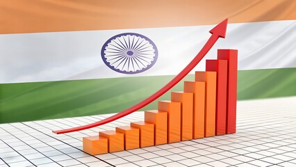 India Rising – Orange Bar Graph with Red Upward Arrow over Indian Flag, Economic Growth, National Progress, Business Metrics, Financial Success, Data Visualization, Strategy