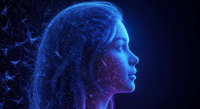 Futuristic digital portrait of a woman showcasing advanced technology concept
