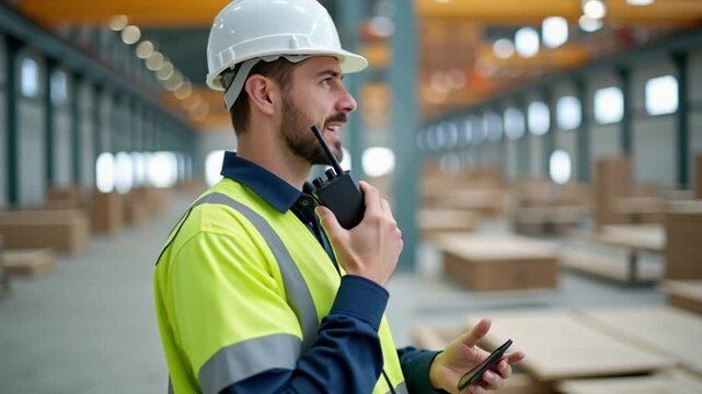 Construction supervisor communicating with walkie talkie in prefabricated housing factory