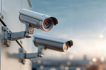 Fototapeta premium Three modern surveillance cameras mounted on exterior building wall for public security and monitoring
