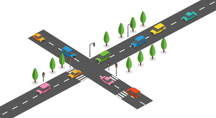 Isometric urban intersection with colorful cars and trees