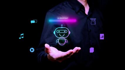 Man holding a glowing AI assistant chatbot hologram, showcasing futuristic technology for customer service, online shopping, and smart business automation.