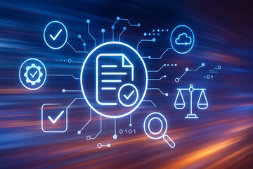 Digital legal document management and data protection for business transaction security, a conceptual illustration of modern law