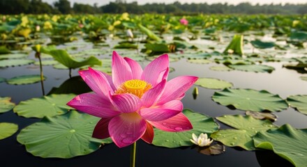 Lotus flower on water lily pond in summer