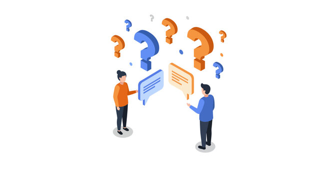 Isometric discussion with question marks and speech bubbles