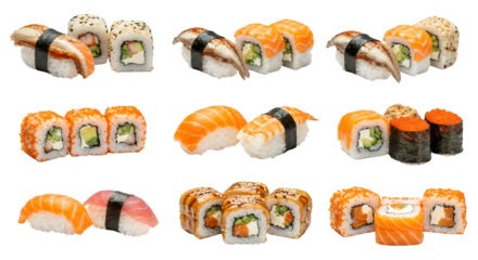 A set of various sushi on a transparent background