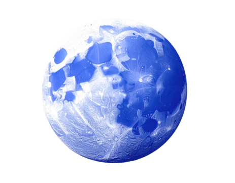 A stylized, blue-toned depiction of the moon, showing a textured surface with light, frosty-looking areas
