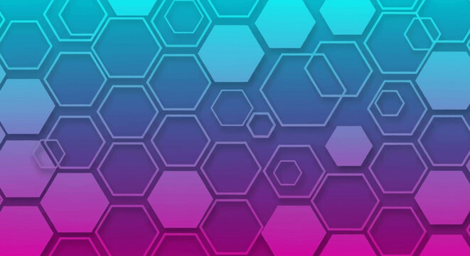 Abstract background featuring a geometric pattern of layered hexagons on a vibrant blue, purple, and pink gradient.