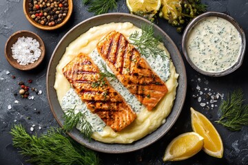 Grilled salmon fillets served with creamy dill sauce and mashed potatoes, garnished with fresh dill and lemon wedges