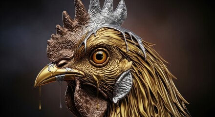 Fototapeta premium Metallic Chicken with Intricate Details, Golden Bird Portrait