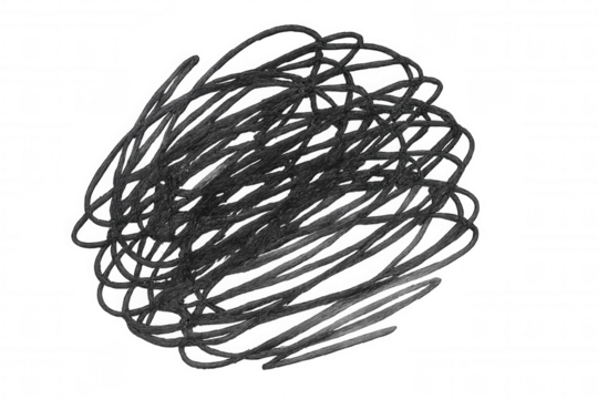 Chaotic scribble sphere forming abstract pattern, representing mental turmoil against transparent backdrop