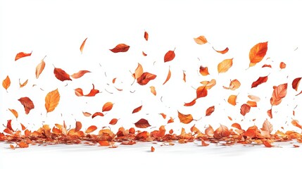 Falling autumn leaves against a white background; a collection of orange and brown leaves in various stages of descent