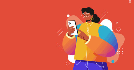 Modern flat illustration of a diverse person engaging with a smartphone, ideal for digital communication, online services, and mobile technology concepts.