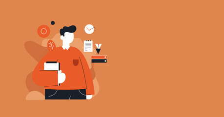 Professional illustration of a man managing tasks, data, and time. Ideal for business, productivity, organization, and digital workflow concepts. Emphasizes efficiency and planning.