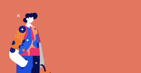 Modern professional illustration featuring a stylized person in a colorful, abstract jacket and tie, holding a briefcase. Ideal for business, creativity, or digital marketing concepts.