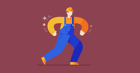 Energetic worker in hard hat and overalls moving with purpose, symbolizing efficiency, delivery, and active service in industry or construction.