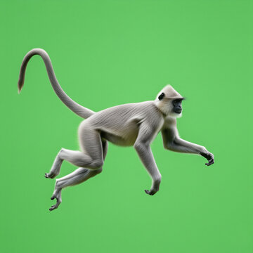 Studio Gray Langur Leaping Against Plain Green Backdrop Wildlife Portrait