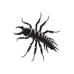 Black Color Earwig Silhouette Vector Illustration, Solid White Background.