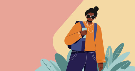 Stylish young woman with a backpack and sunglasses stands against a colorful backdrop with tropical foliage, embodying travel and a modern lifestyle.